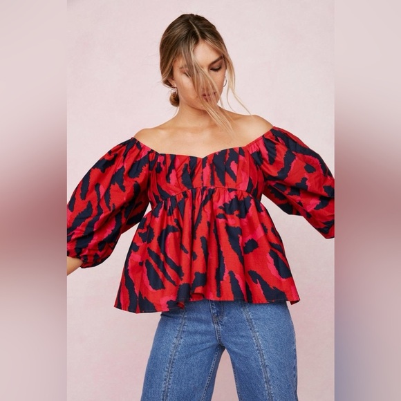Nasty Gal Zebra Off The Shoulder Puff Sleeve Smock Top - Picture 10 of 10